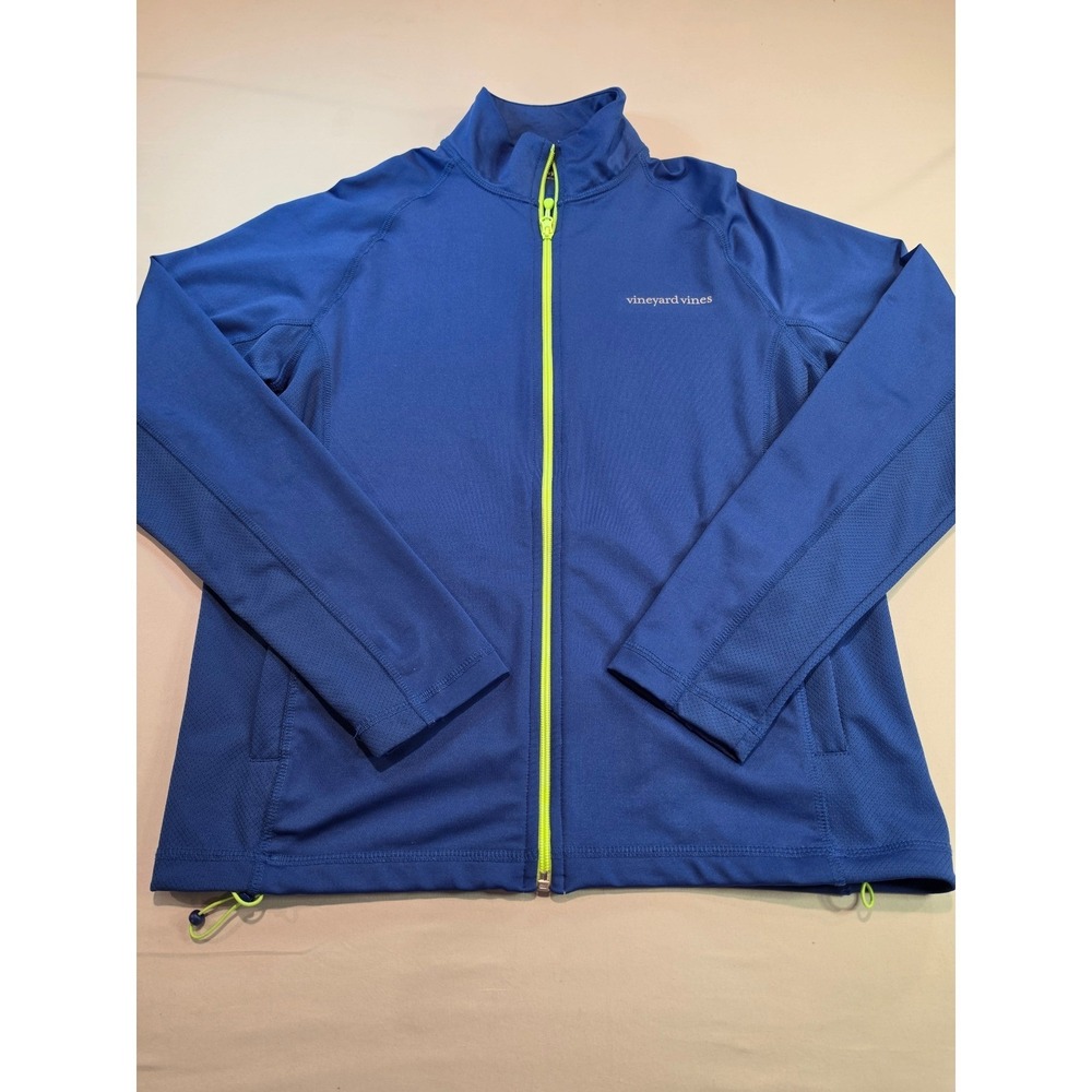 Vineyard Vines Mens Medium Blue Full Zip Performance Jacket Neon Green Trim 1165